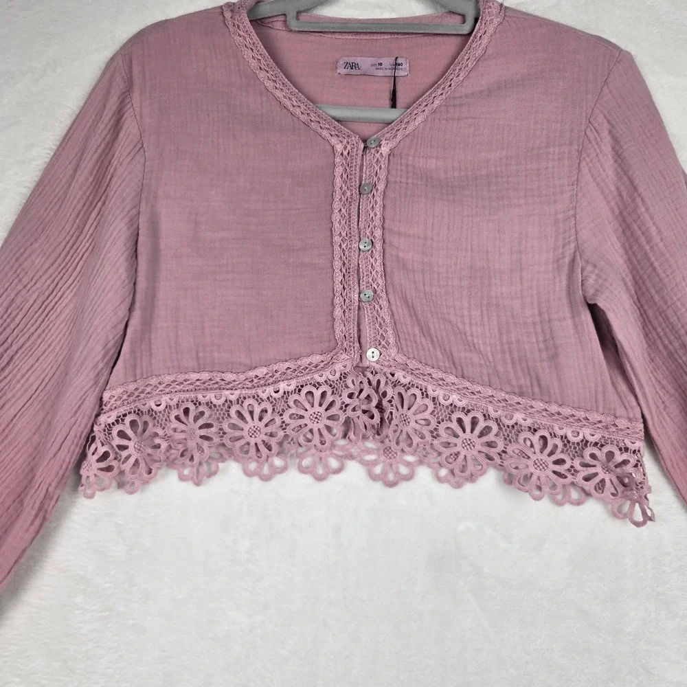 NWT Zara Womens Pink Lace Cropped Blouse Size‎ 10 Long Sleeve Cropped